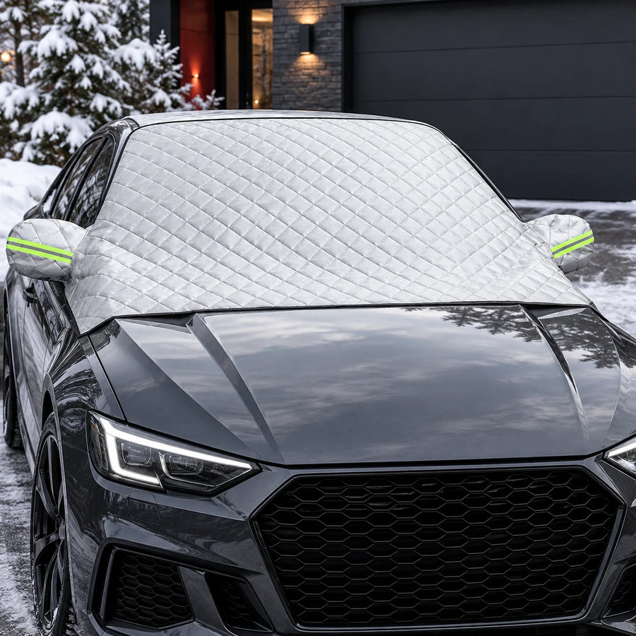 Silver quilted Roven Auto windshield cover with lime reflective mirror strips