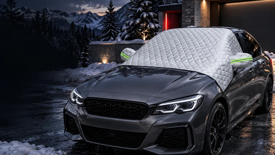 Silver windshield snow cover on a graphite car outside a winter garage